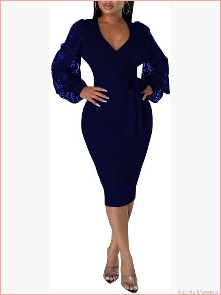 V Neck Bishop Sleeve Sheath Midi Dress With Belt